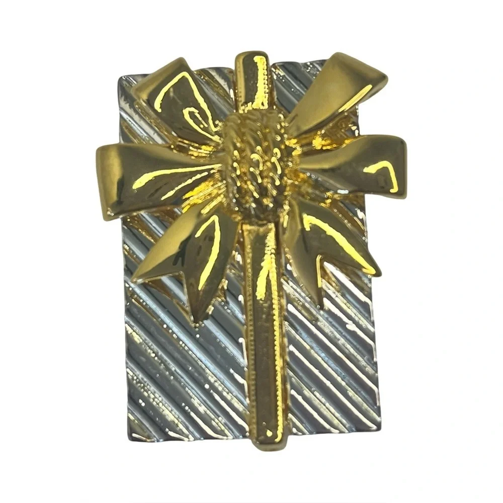 Gold Silver Christmas Holiday Present Brooch